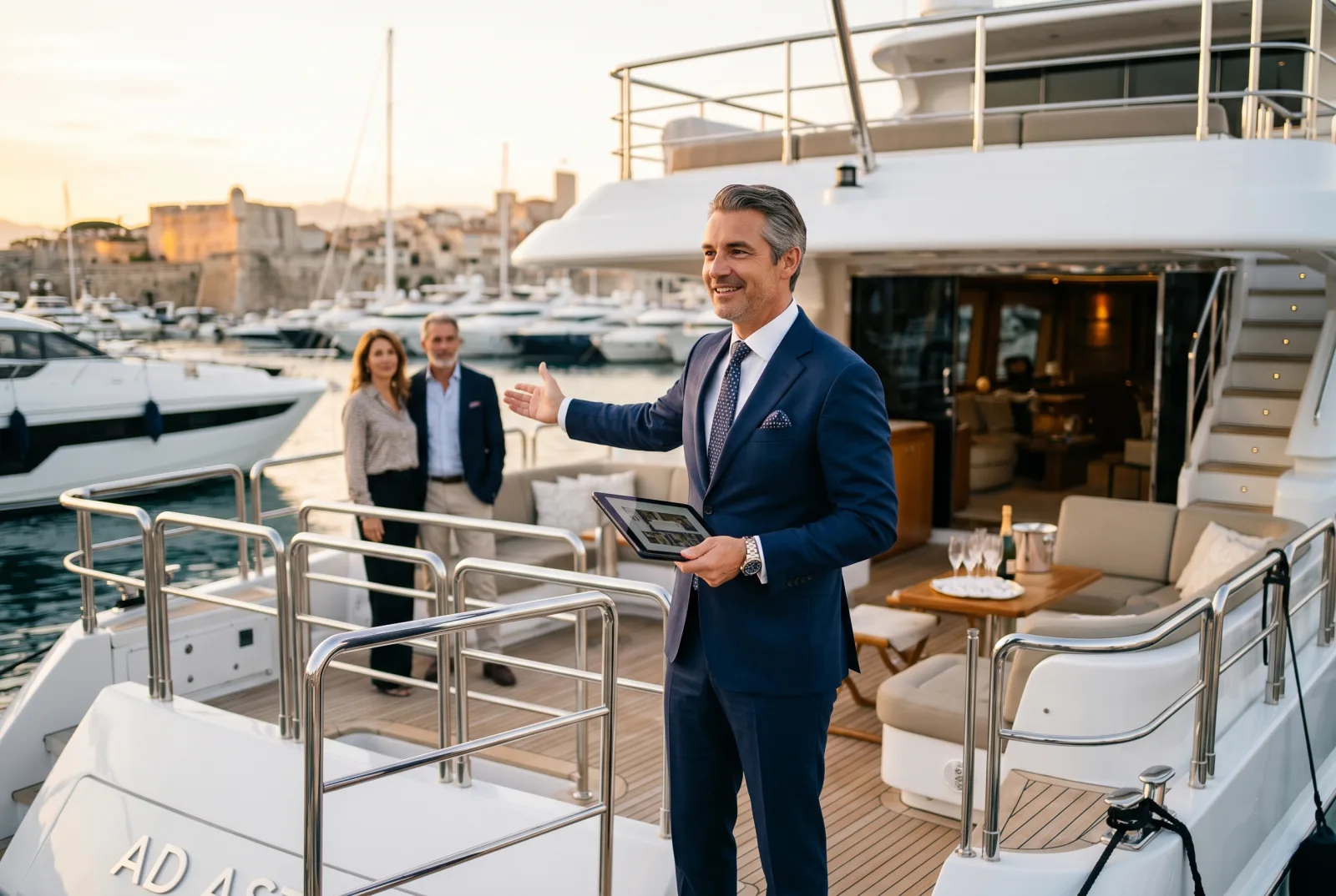 Yacht sales broker in navy suit on the back deck of a 40-metre motor yacht in Antibes with prospective buyer couple in background