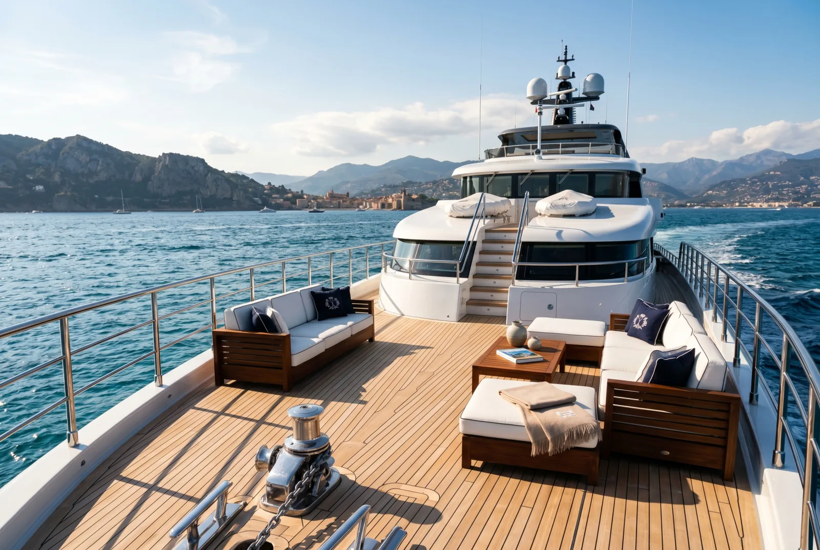Langes Deck einer 50-Meter-Luxus-Motoryacht mit panoramischem mediterranen Blick