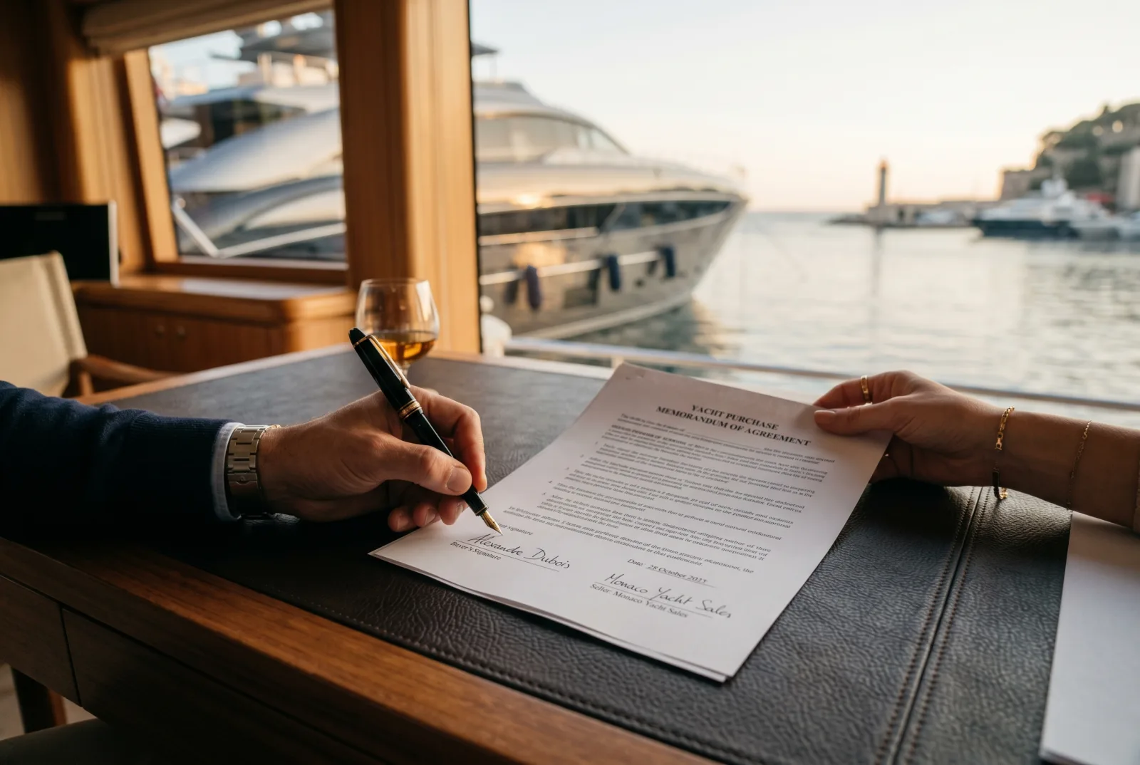 Hände, die ein Yacht-Kaufmemorandum auf einem ledergedeckten Schreibtisch unterzeichnen