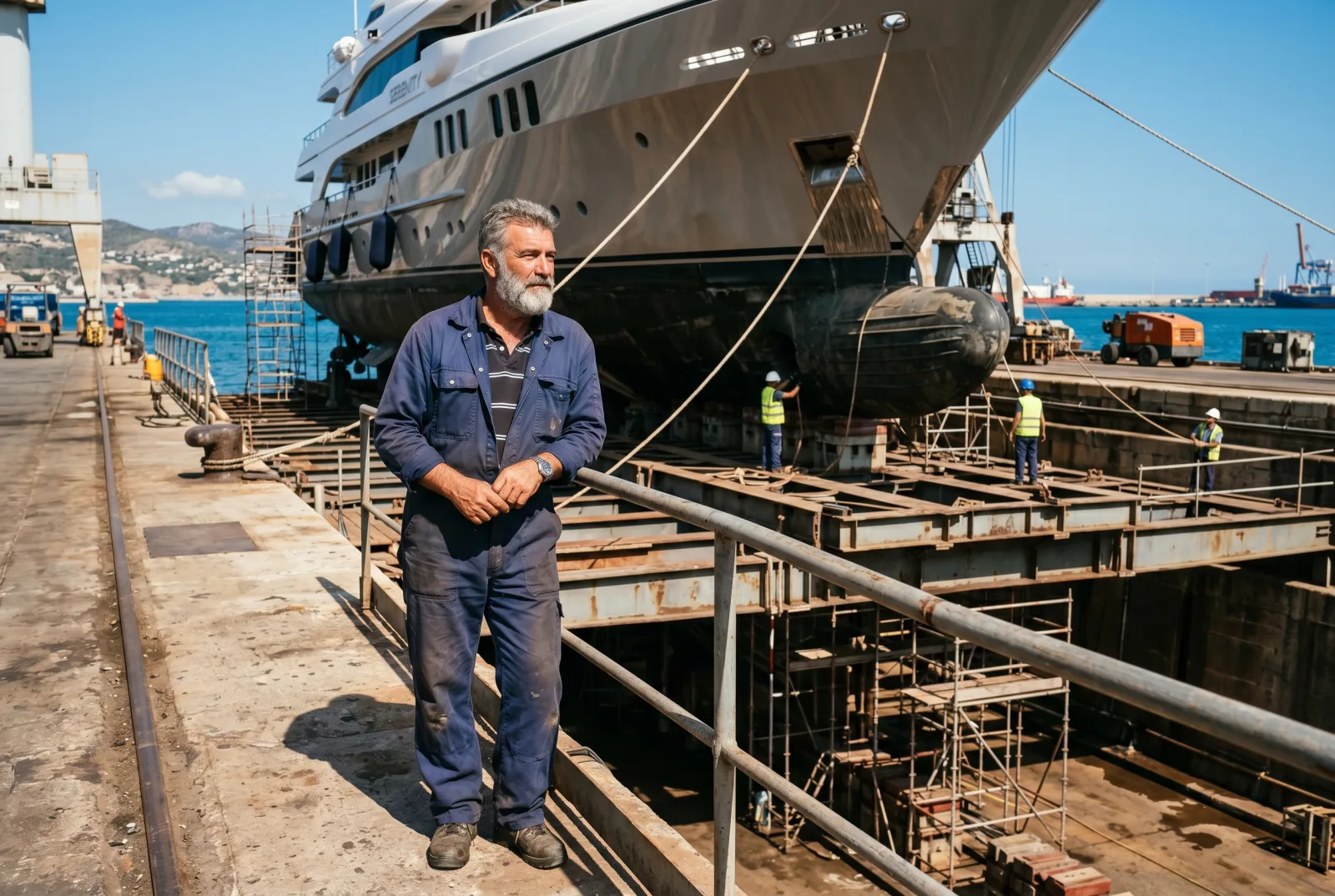 Distinguished shipyard owner in coveralls standing on the side of a graving dock with a 50-metre superyacht being readied for hauling out
