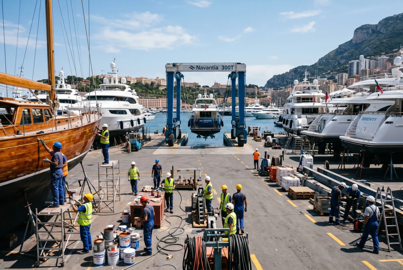 Cantiere mediterraneo trafficato con più yacht sul piazzale e travel-lift in funzione sullo sfondo
