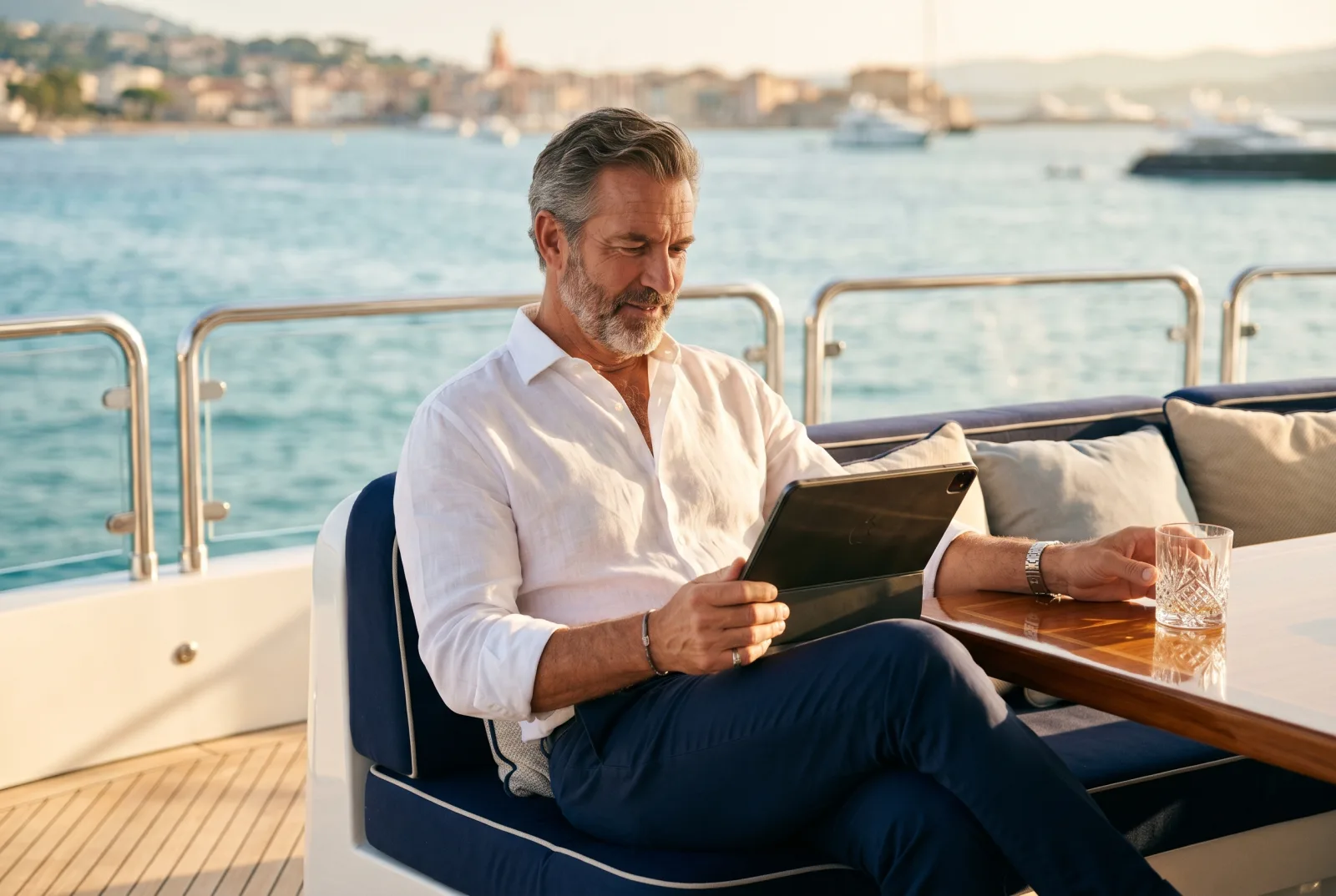 Yacht owner on the back deck of his motor yacht reviewing a financial dashboard on a tablet at golden hour