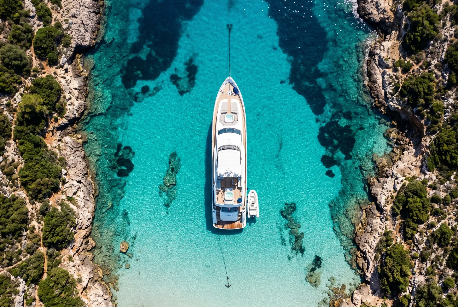 Vista aerea dall'alto di un motor yacht di lusso ancorato in una baia turchese del Mediterraneo