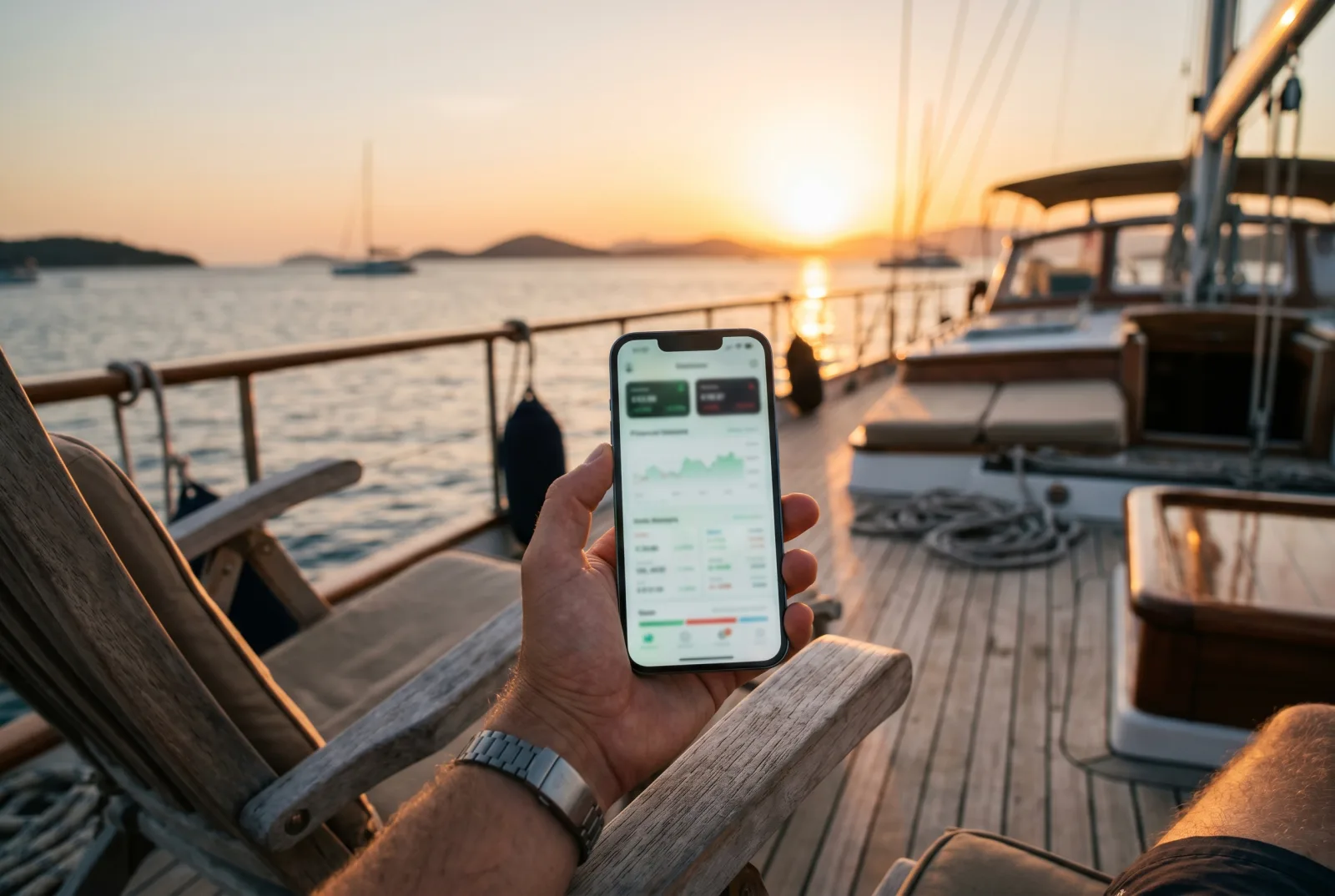 Armatore che consulta una dashboard finanziaria su iPhone sul ponte di poppa al tramonto