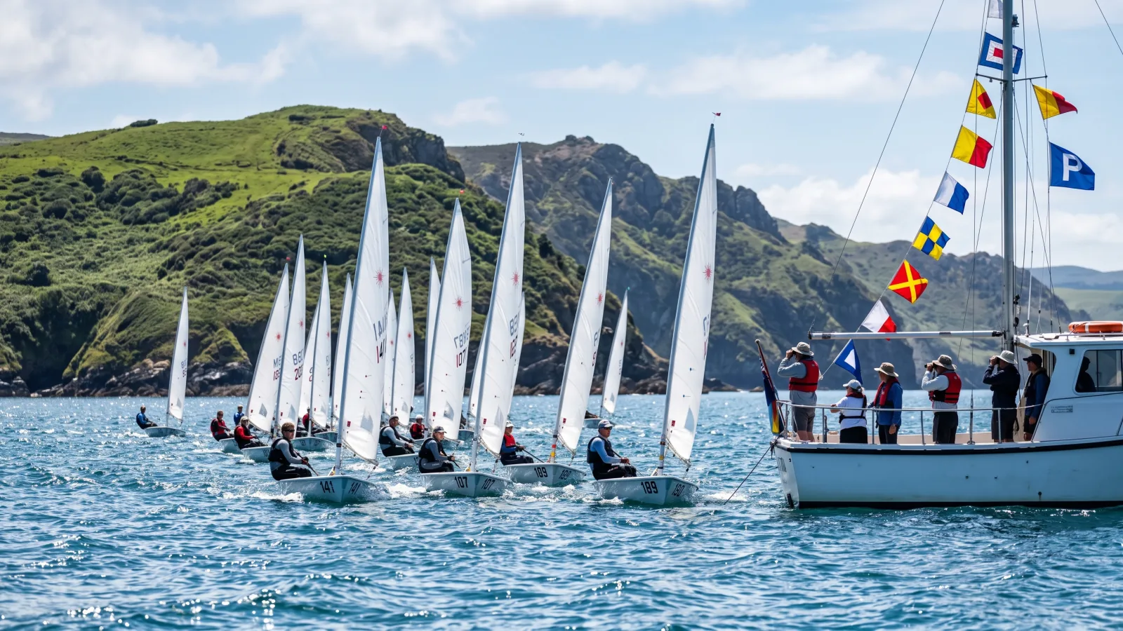 Salida de una regata de un club de vela con pequeñas embarcaciones ligeras cruzando la línea junto al barco del comité con banderas de señales