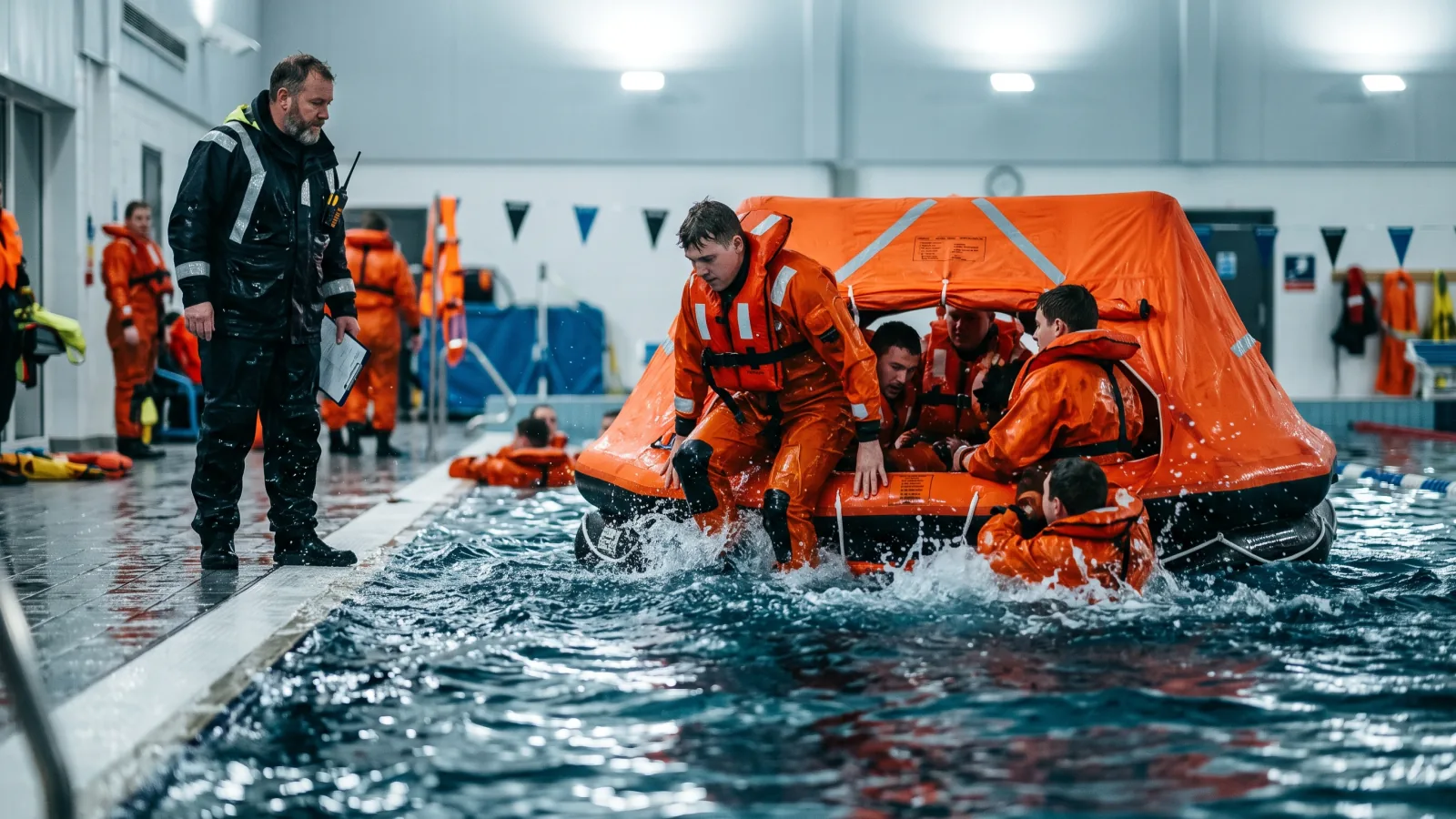 Maritime students in survival suits practising boarding an inflatable liferaft in an indoor training pool