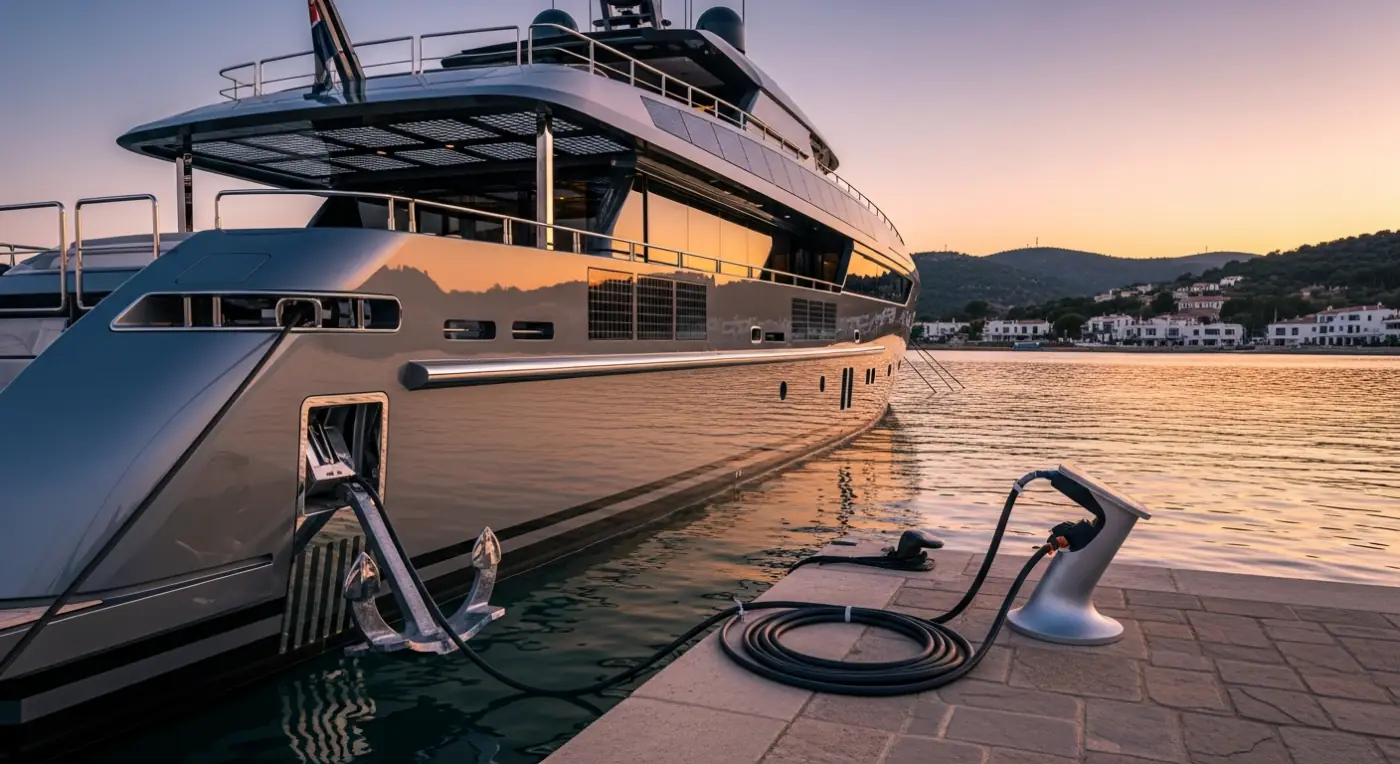 Modern hybrid superyacht docked with shore power cable connected and solar panels visible on superstructure