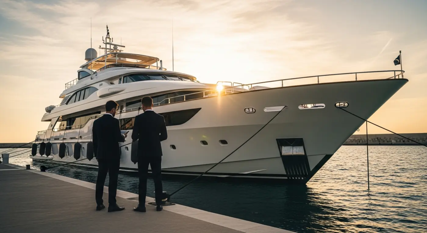 Zwei Yacht-Broker in Anzügen auf einem Marina-Steg vor einer Luxusmotoryacht