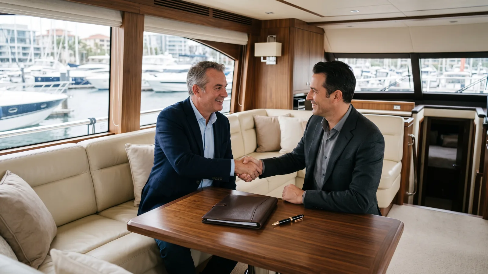 Yachtmakler reicht einem Käufer im Salon einer Motoryacht über den Tisch die Hand