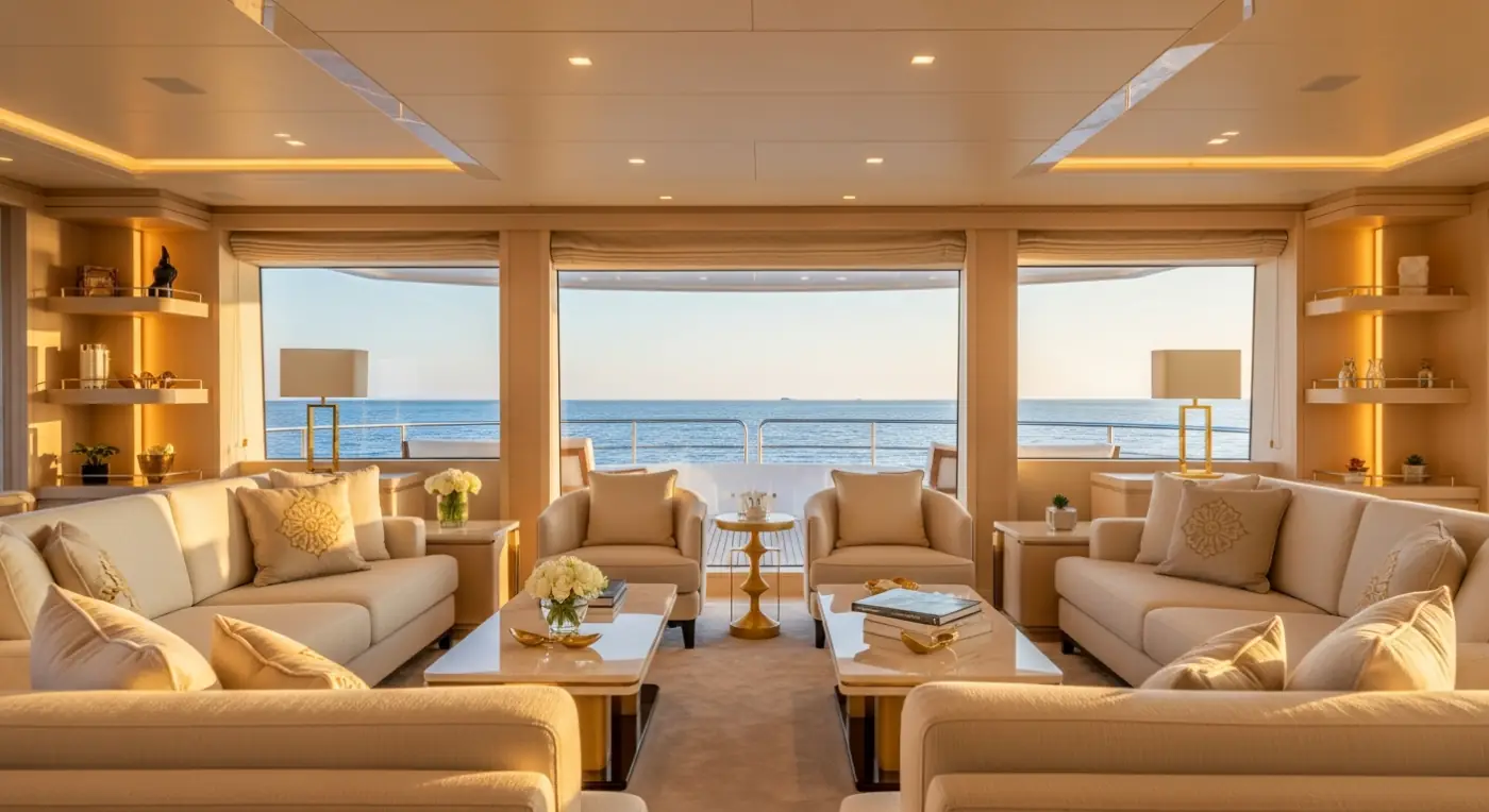 Élégante suite armateur de superyacht avec vue sur la mer au coucher du soleil