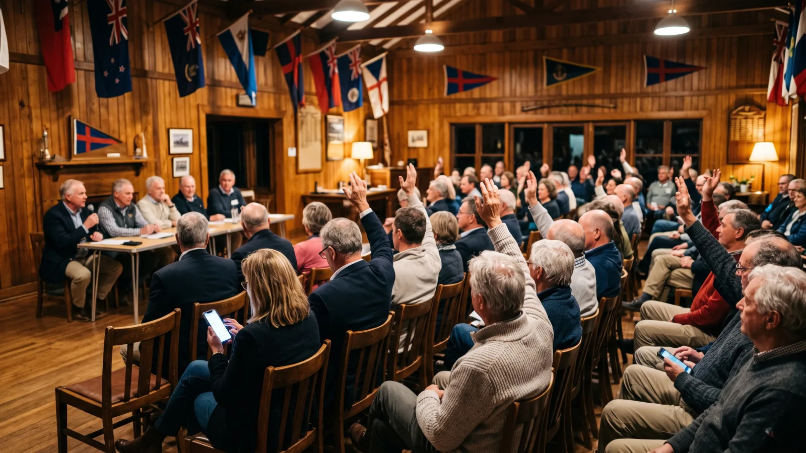 Assemblée générale annuelle d'un yacht club dans une salle lambrissée où les adhérents lèvent la main pour voter
