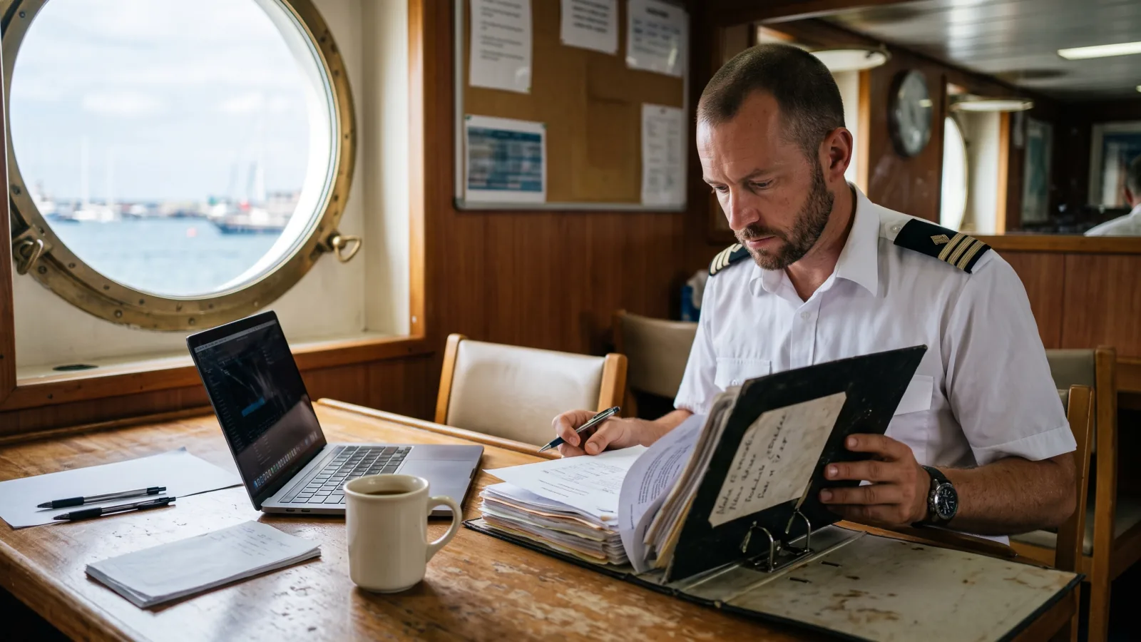 Yacht chief officer reviewing a binder of crew documents and certificates at the crew mess table