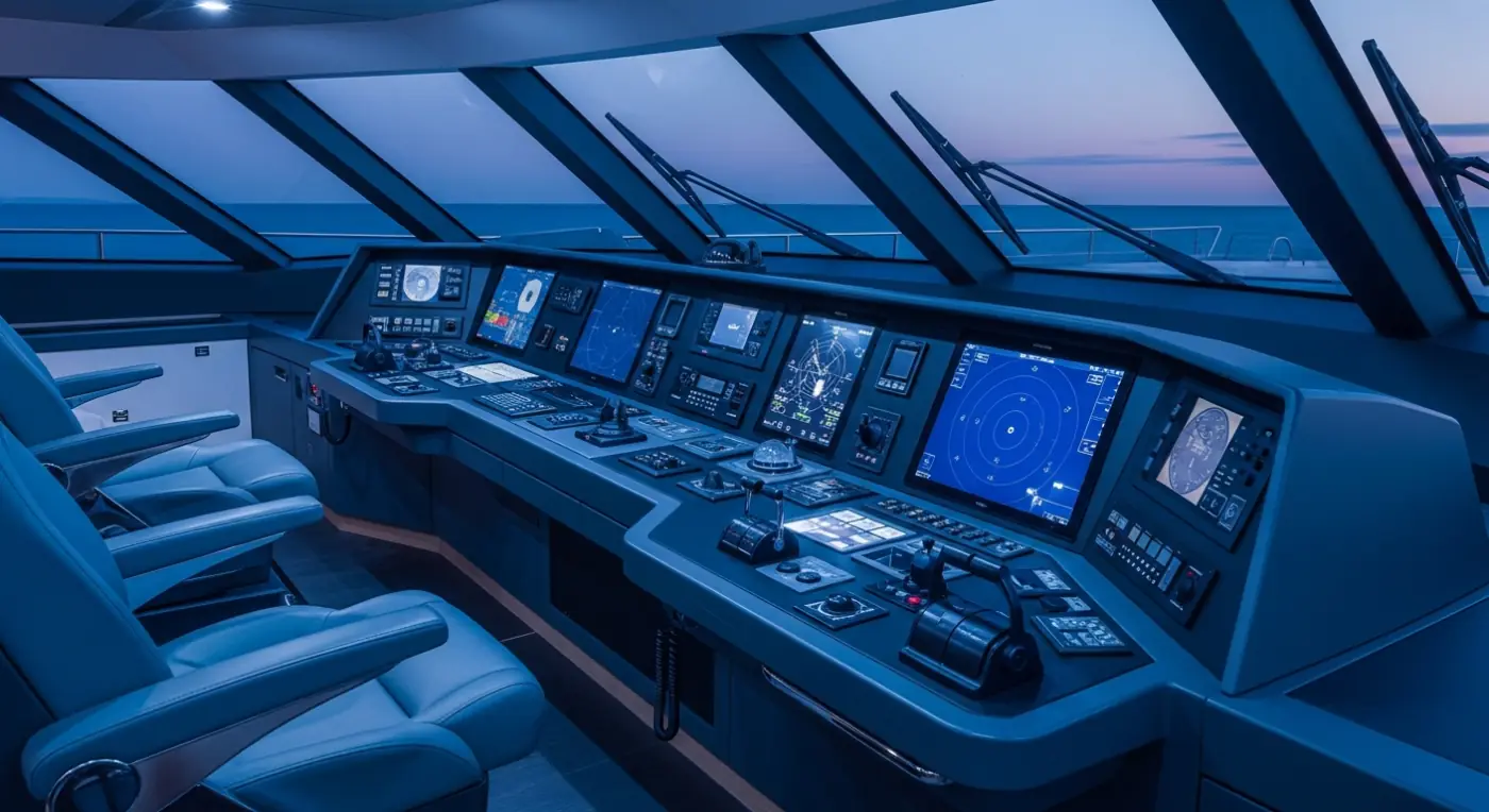 Passerelle d'un superyacht moderne avec écrans de navigation rougeoyants au crépuscule