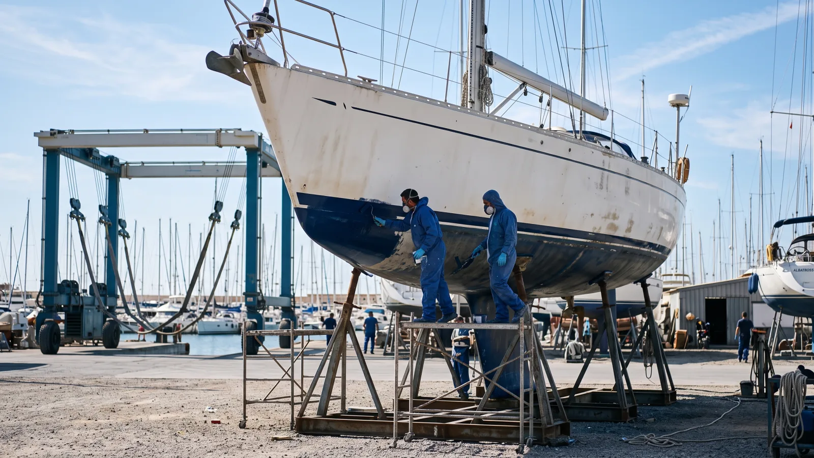 Sailing yacht hauled out on stands in a Mediterranean boatyard while workers apply fresh antifouling to the hull