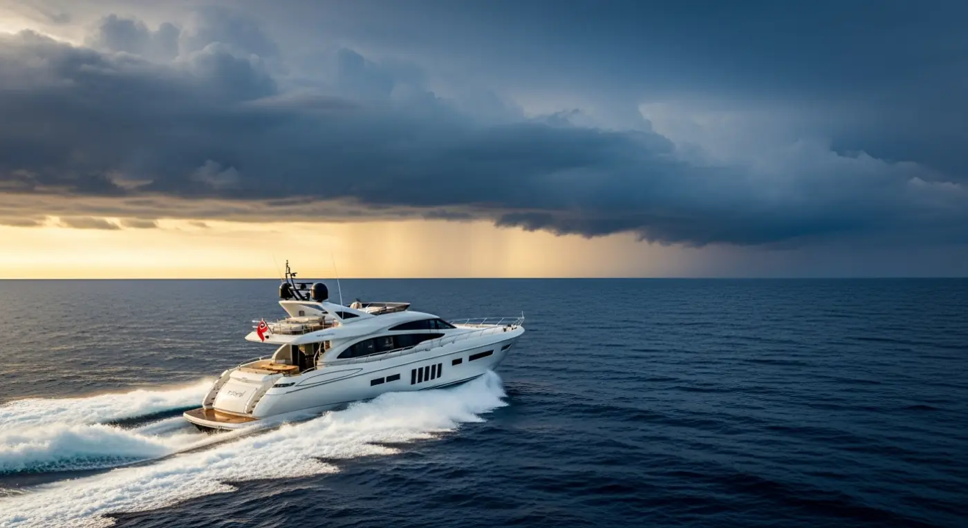 Mediterranean Routing Chart Sleek motor yacht navigating Mediterranean Sea with dramatic storm ...